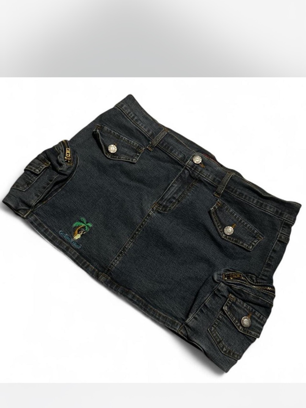 Dark Wash Embroidered Mini Denim Skirt